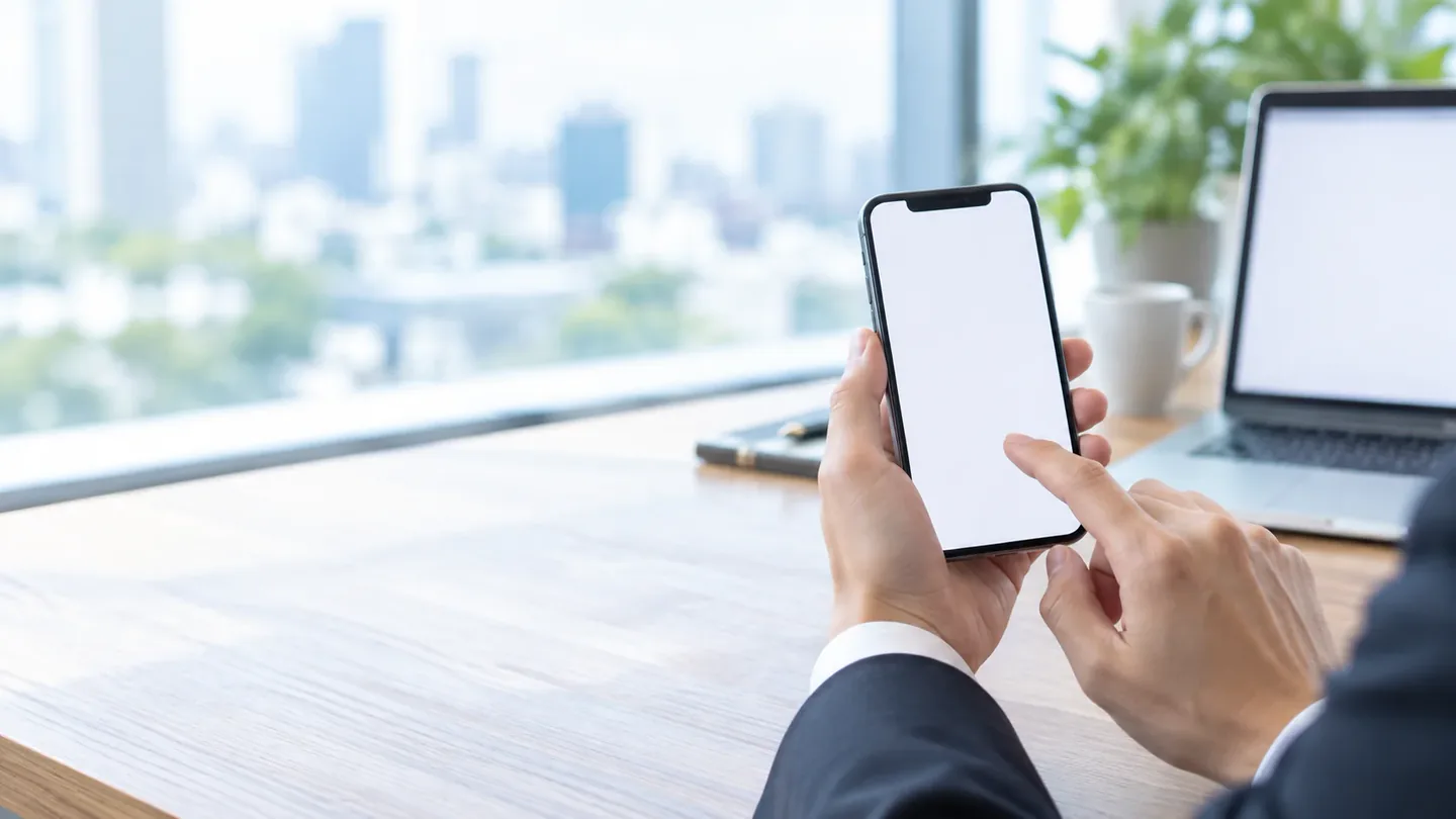 オフィスの机で、スマホの画面に出た下書きを指で確かめている