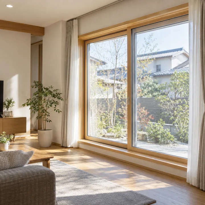 平屋の居間。大きな掃き出し窓から庭と朝の光が入っている