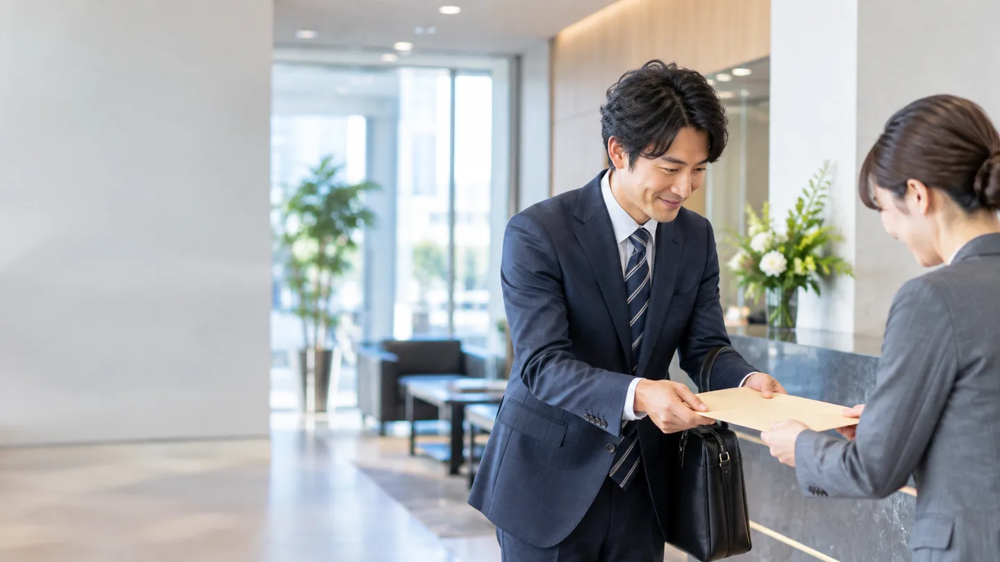 受付のカウンターで、資料の入った封筒を手渡している