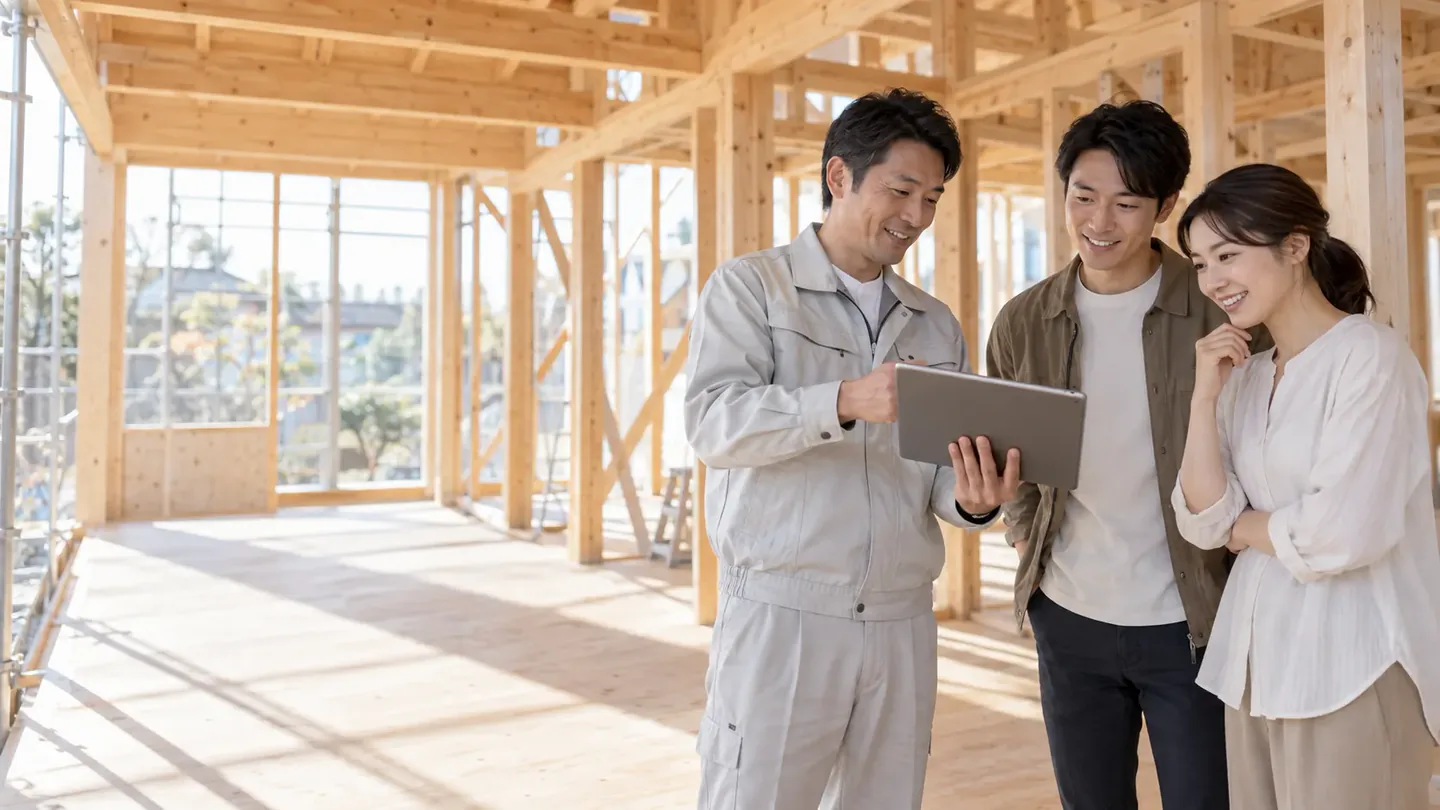 建築中の木造の家の中で、タブレットの画面を施主さんと一緒に見ている
