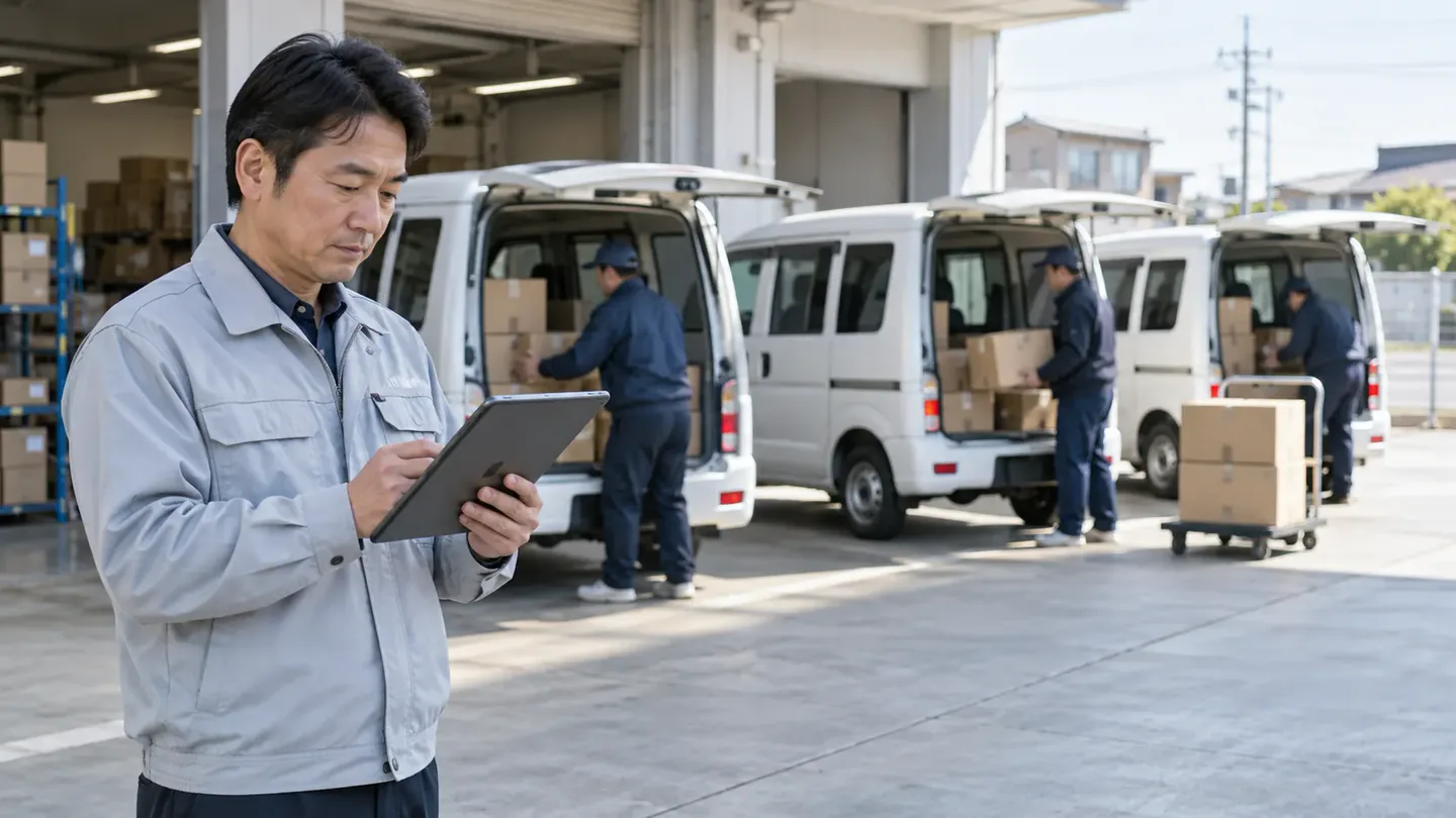 配送センターの前で、荷物を積む軽バンを見ながらタブレットを操作している