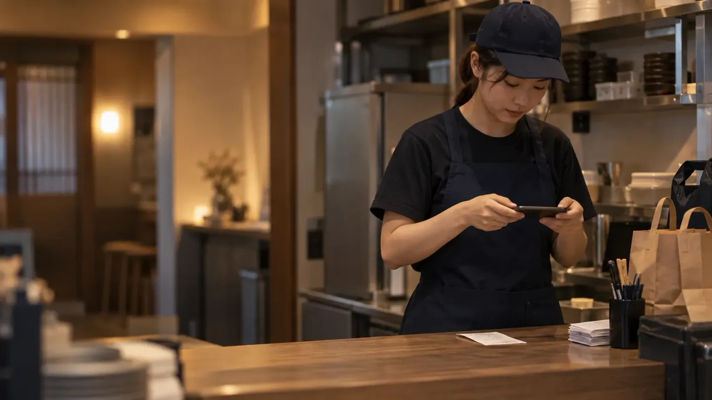 店の調理場で、カウンターの伝票をスマホで撮っている