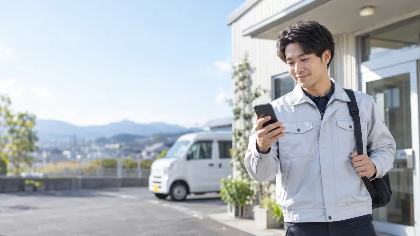 会社の前で、作業着の人がスマホで今日の仕事を見ている