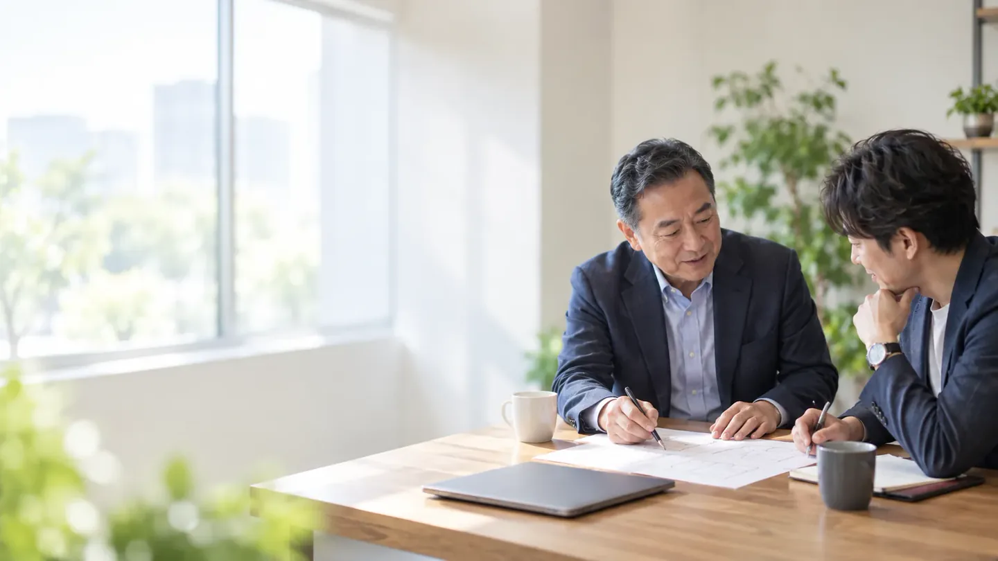 窓際の机で、書類を前に二人で相談している
