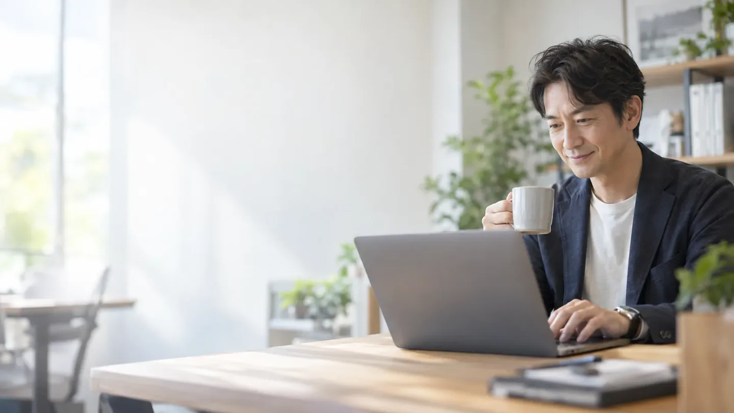 明るい部屋で、ノートパソコンに向かい、コーヒーを手にしている人