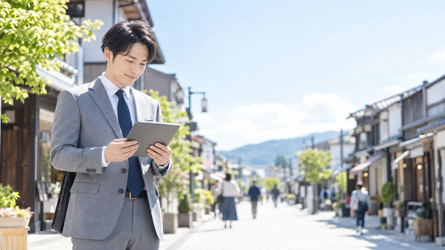 古い町並みの通りで、タブレットを見ているスーツの男性