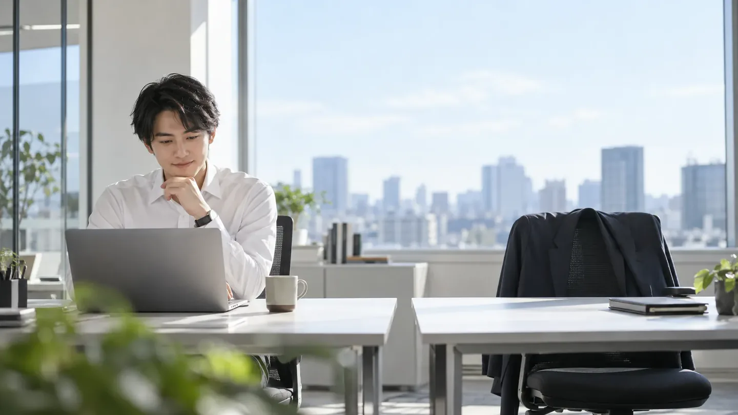 窓際のオフィスで、ノートパソコンに向かっている人。となりの席は空いている